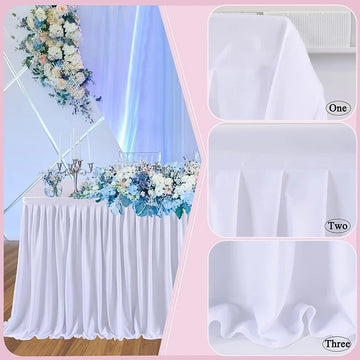 Qfdian White Table Skirts Rectangle Polyester Ruffle Tablecloth for Wedding Birthday Party Baby Bridal Shower Banquet Table Decorations
